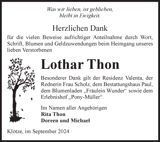 Traueranzeige von Lothar Thon von Volksstimme Altmark West