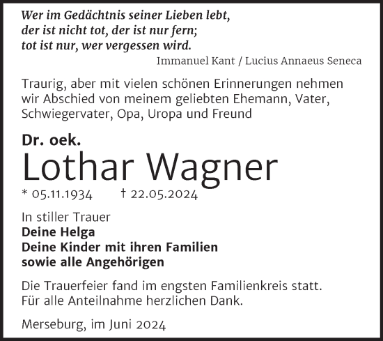 Traueranzeige von Lothar Wagner von Trauerkombi Merseburg