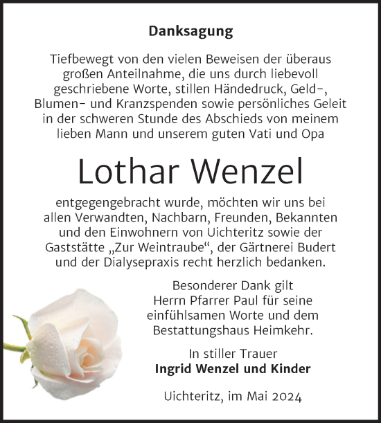 Traueranzeige von Lothar Wenzel von Trauerkombi Weißenfels