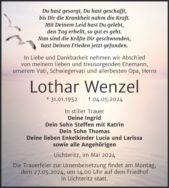 Traueranzeige von Lothar Wenzel von Trauerkombi Weißenfels