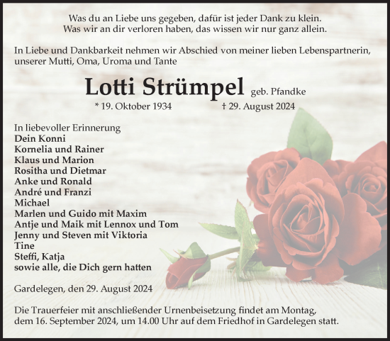 Traueranzeige von Lotta Strümpel von Volksstimme Altmark West