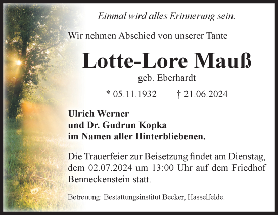 Traueranzeige von Lotte-Lore Mauß von Volksstimme Wernigerode