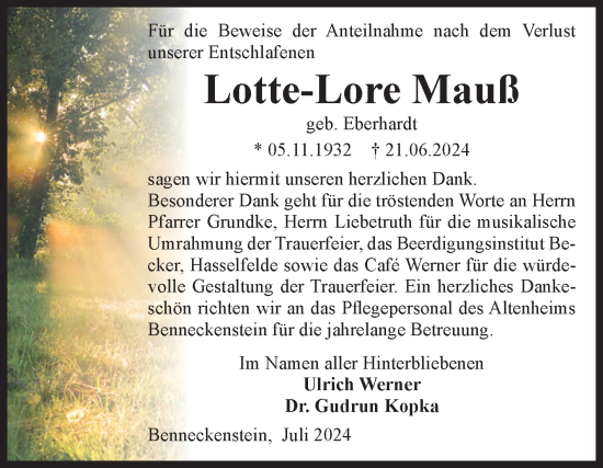 Traueranzeige von Lotte-Lore Mauß von Volksstimme Wernigerode