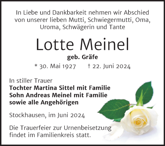 Traueranzeige von Lotte Meinel von Trauerkombi Zeitz
