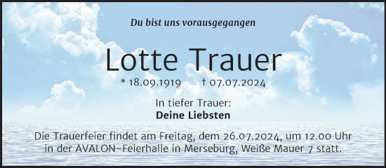 Traueranzeige von Lotte Trauer von Trauerkombi Merseburg