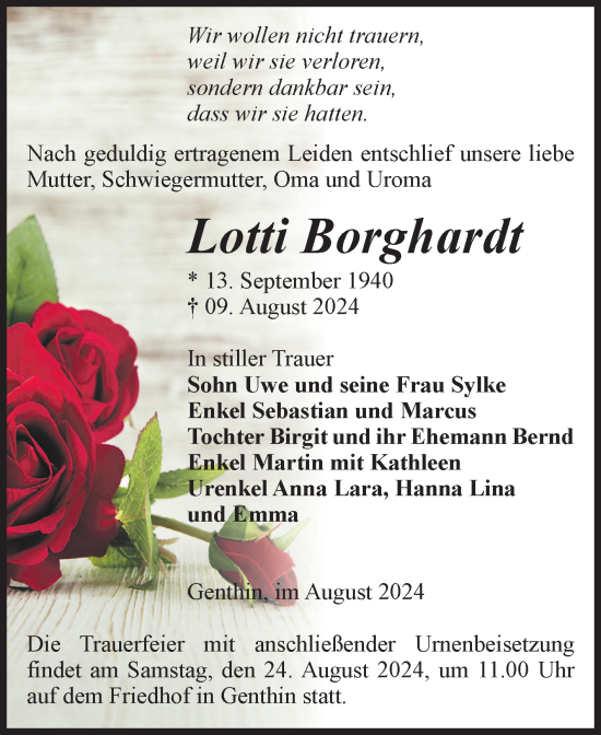 Traueranzeige von Lotti Borghardt von Volksstimme Burg/Genthin
