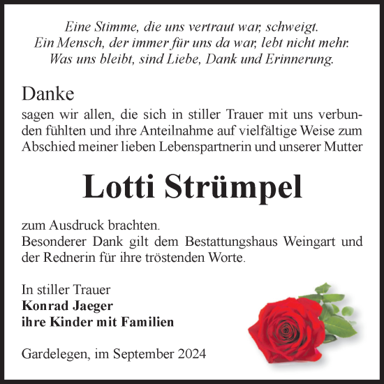 Traueranzeige von Lotti Strümpel von Volksstimme Altmark West