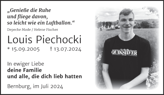 Traueranzeige von Louis Piechocki von Trauerkombi Bernburg