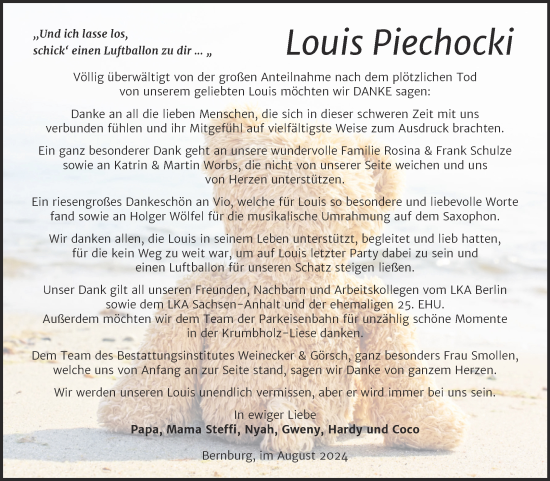 Traueranzeige von Louis Piechocki von Trauerkombi Bernburg
