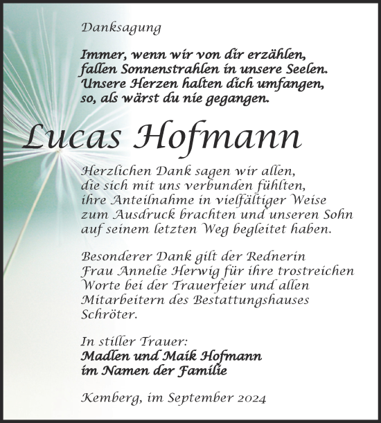 Traueranzeige von Lucas Hofmann von Trauerkombi Wittenberg