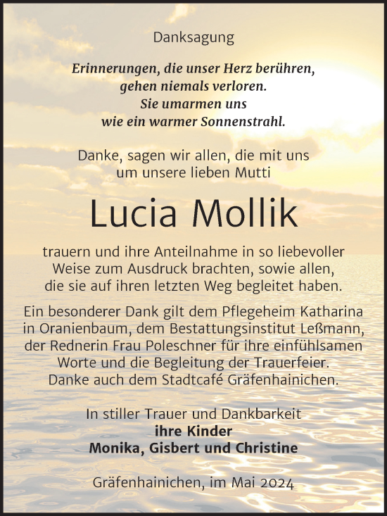 Traueranzeige von Lucia Mollik von Trauerkombi Wittenberg