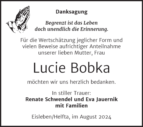 Traueranzeige von Lucie Bobka von Trauerkombi Mansfelder Land