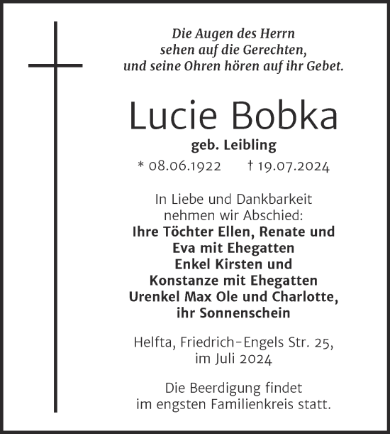 Traueranzeige von Lucie Bobka von Trauerkombi Mansfelder Land