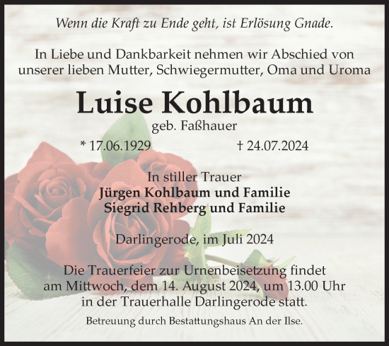 Traueranzeige von Luise Kohlbaum von Volksstimme Wernigerode