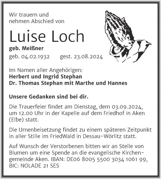 Traueranzeige von Luise Loch von Trauerkombi Köthen