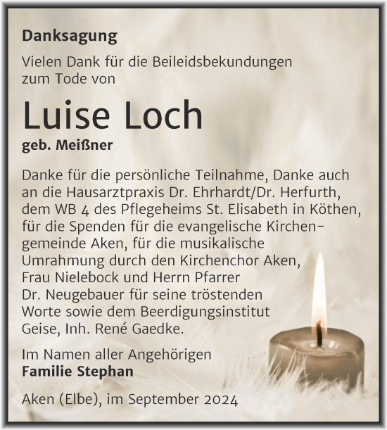 Traueranzeige von Luise Loch von Trauerkombi Köthen