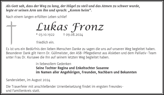 Traueranzeige von Lukas Fronz von Trauerkombi Aschersleben