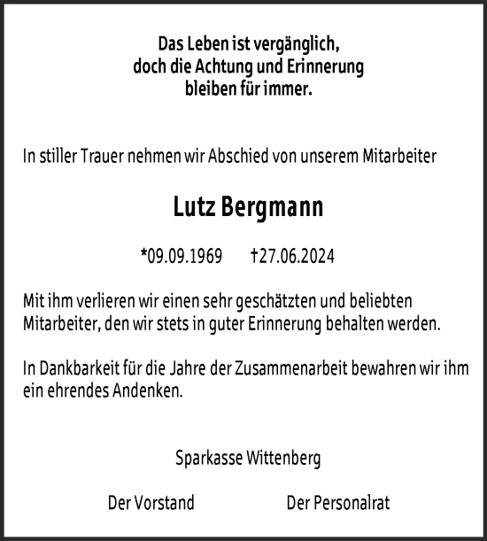 Traueranzeige von Lutz Bergmann von Super Sonntag Wittenberg