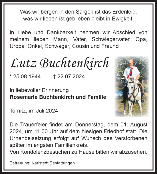 Traueranzeige von Lutz Buchtenkirch von Volksstimme Schönebeck