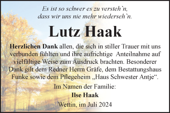 Traueranzeige von Lutz Haak von Mitteldeutsche Zeitung Halle/Saalkreis