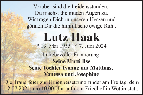 Traueranzeige von Lutz Haak von Mitteldeutsche Zeitung Halle/Saalkreis