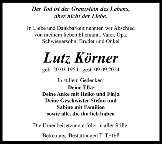 Traueranzeige von Lutz Körner von Volksstimme Wernigerode