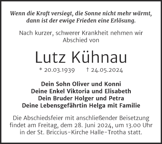 Traueranzeige von Lutz Kühnau von Mitteldeutsche Zeitung Halle/Saalkreis