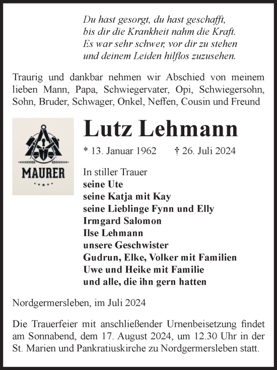 Traueranzeige von Lutz Lehmann von Volksstimme Haldensleben/Wolmirstedt