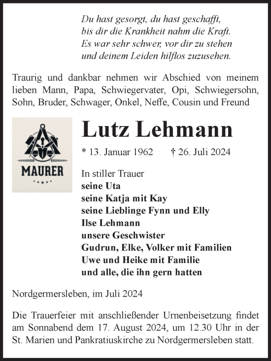 Traueranzeige von Lutz Lehmann von Volksstimme Haldensleben/Wolmirstedt