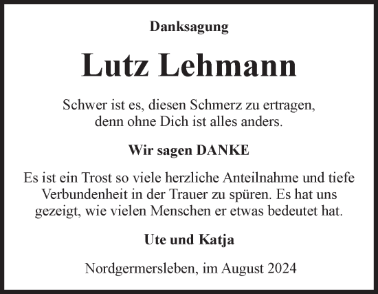 Traueranzeige von Lutz Lehmann von Volksstimme Haldensleben/Wolmirstedt