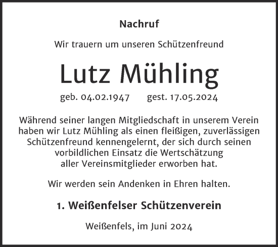Traueranzeige von Lutz Mühling von Trauerkombi Weißenfels