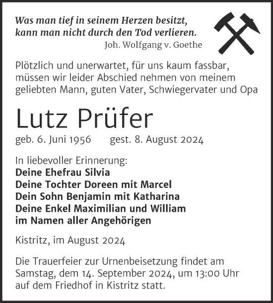 Traueranzeige von Lutz Prüfer von Trauerkombi Weißenfels