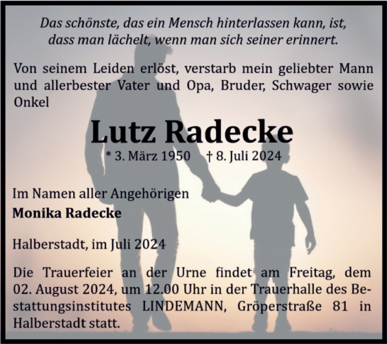 Traueranzeige von Lutz Radecke von Volksstimme Halberstadt