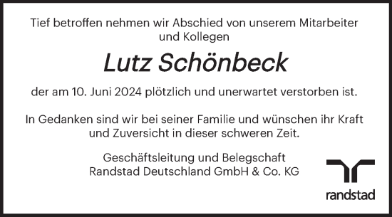 Traueranzeige von Lutz Schönbeck von Volksstimme Staßfurt