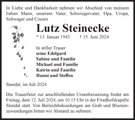 Traueranzeige von Lutz Steinecke von Volksstimme Altmark Ost