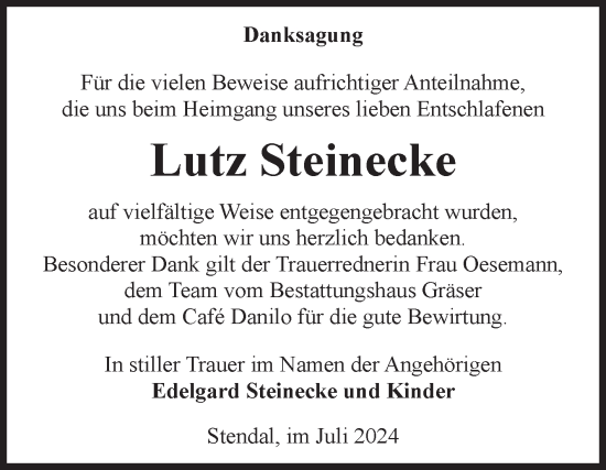 Traueranzeige von Lutz Steinecke von Volksstimme Altmark Ost