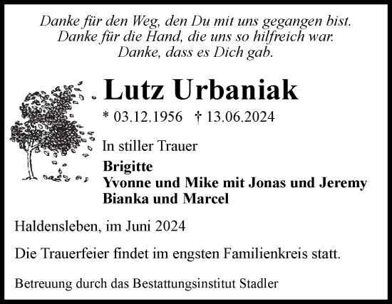 Traueranzeige von Lutz Urbaniak von Volksstimme Haldensleben/Wolmirstedt