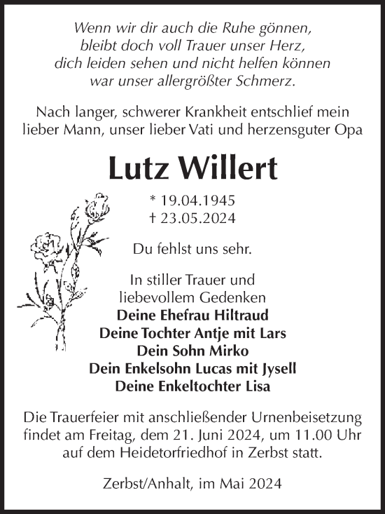 Traueranzeige von Lutz Willert von Volksstimme Zerbst