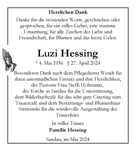 Traueranzeige von Luzi Hessing von Volksstimme Altmark Ost