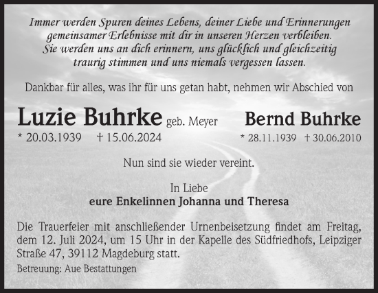Traueranzeige von Luzie und Bernd Buhrke von Volksstimme Altmark West