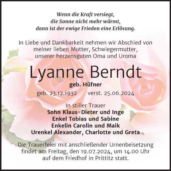Traueranzeige von Lyanne Berndt von Trauerkombi Weißenfels