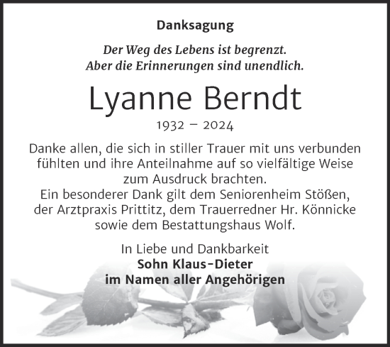 Traueranzeige von Lyanne Berndt von Trauerkombi Weißenfels