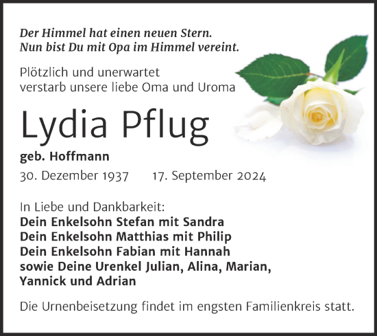 Traueranzeige von Lydia Pflug von Trauerkombi Wittenberg