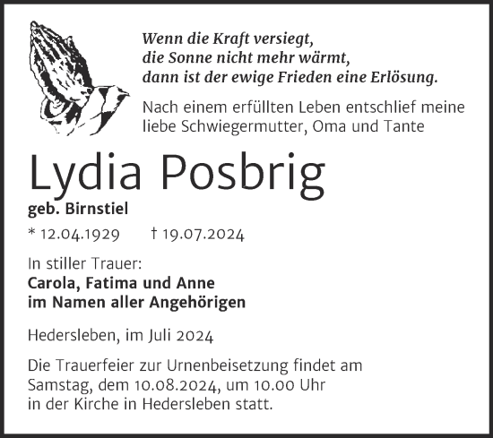 Traueranzeige von Lydia Posbrig von Trauerkombi Mansfelder Land