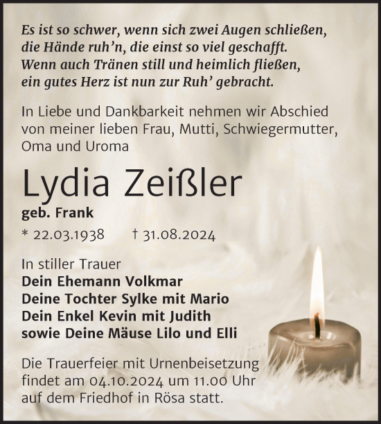 Traueranzeige von Lydia Zeißler von Trauerkombi Bitterfeld