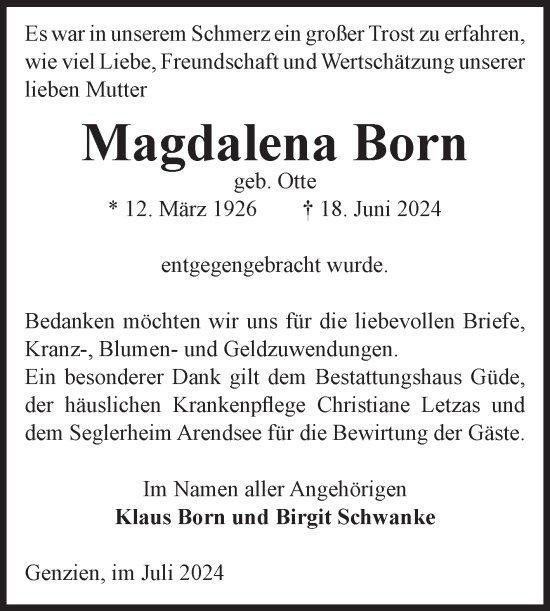 Traueranzeige von Magdalena Born von Volksstimme Altmark West