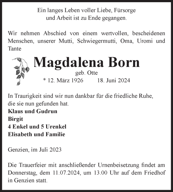 Traueranzeige von Magdalena Born von Volksstimme Altmark West
