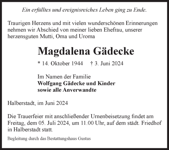 Traueranzeige von Magdalena Gädecke von Volksstimme Halberstadt