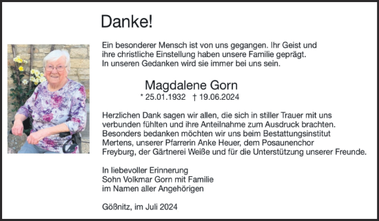 Traueranzeige von Magdalena Gorn von Super Sonntag Naumburg/Nebra