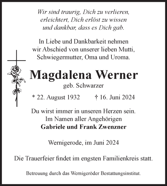 Traueranzeige von Magdalena Werner von Volksstimme Wernigerode